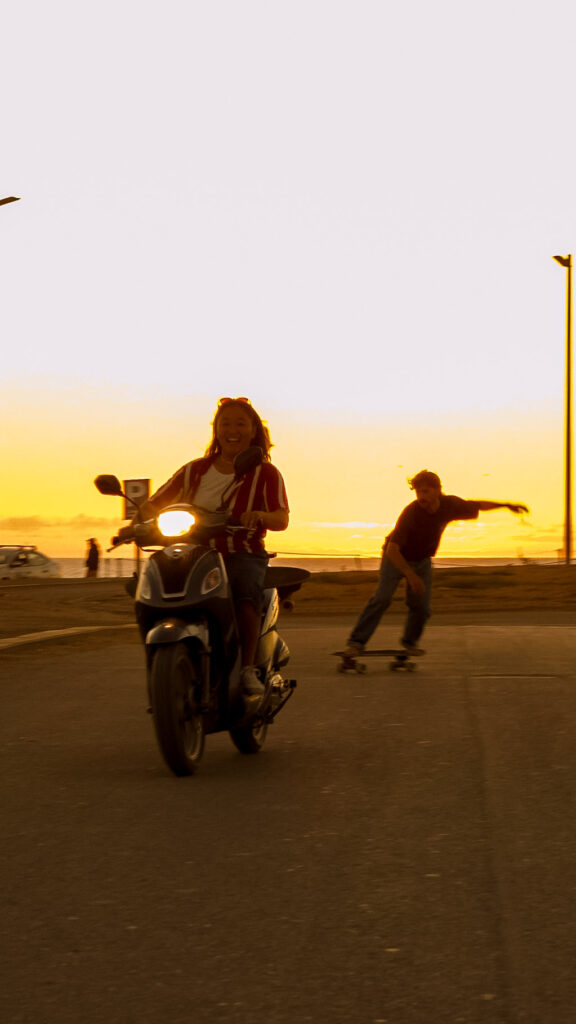 Scooter and friends skating in Tamraght with sunset